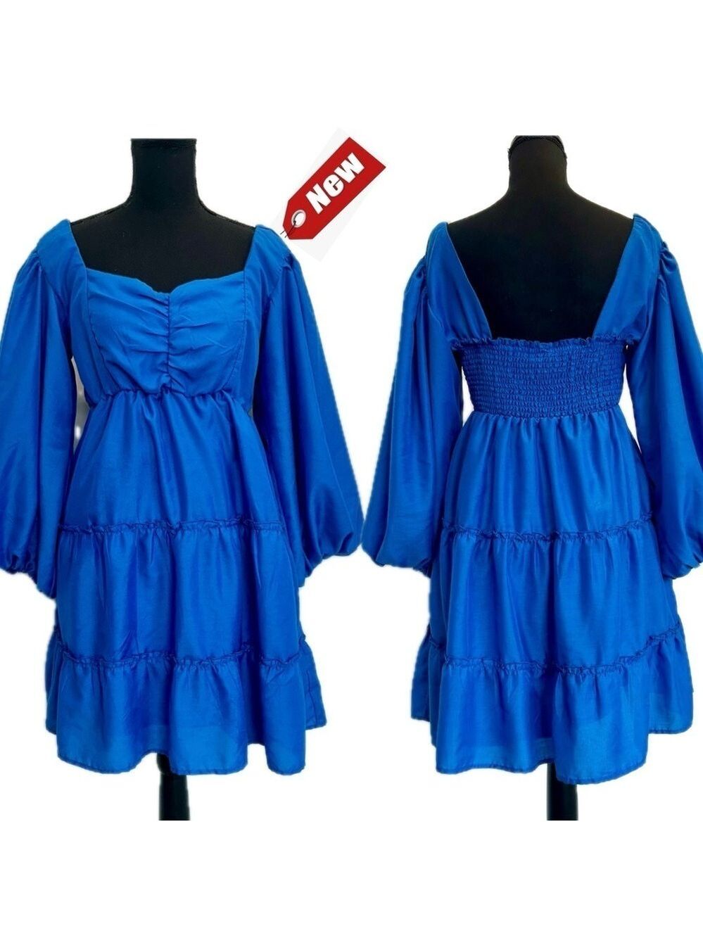 Beyond Words blue puff balloon sleeve ruffle frill smocked babydoll dress L NWT